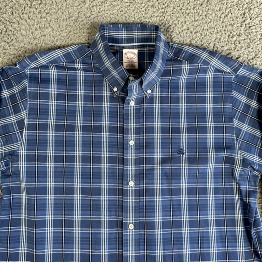 Brooks Brothers Madison Shirt Mens Large Blue Plaid Button Up Logo Preppy‎ - Picture 2 of 11
